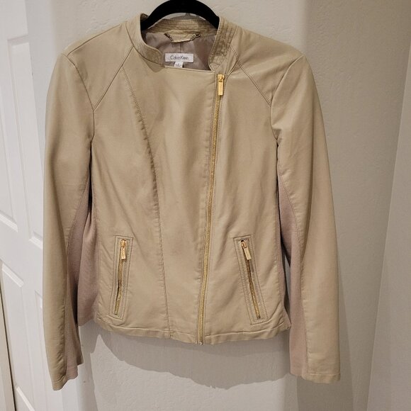 Calvin Klein Jackets & Blazers - CALVIN KLEIN Faux leather w/Ribbed knit  insets moto jacket - Beige - Size: S